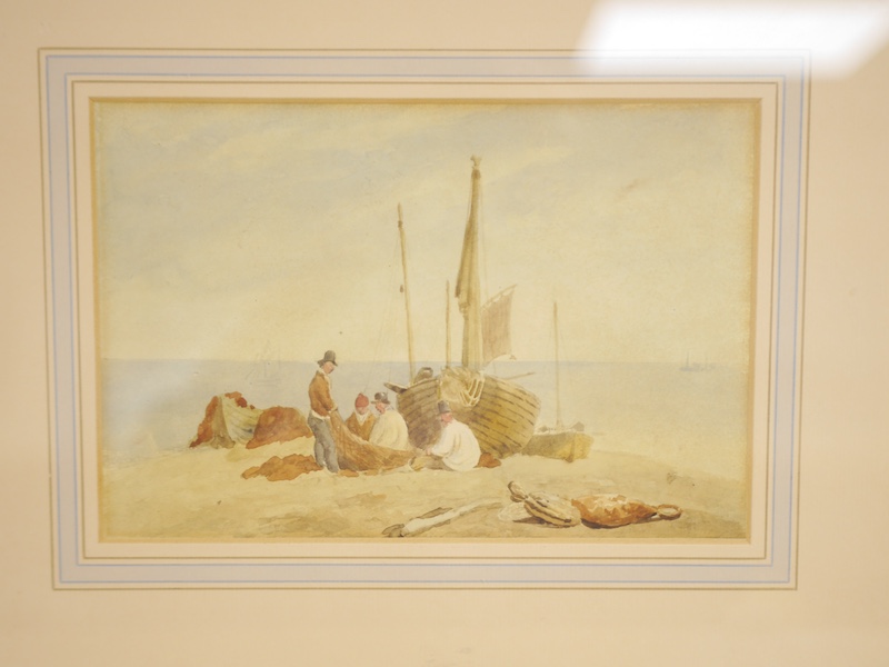 Frederick Nash (1782-1856), pair of watercolours, Brighton coastal views with beached fishing boats, one is signed, each 16 x 24cm. Condition - poor to fair, staining throughout